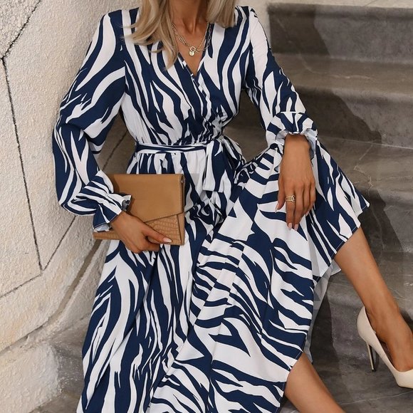 White Boho Womens Zebra Striped Surplice Neck Belted Dress - Picture 4 of 5